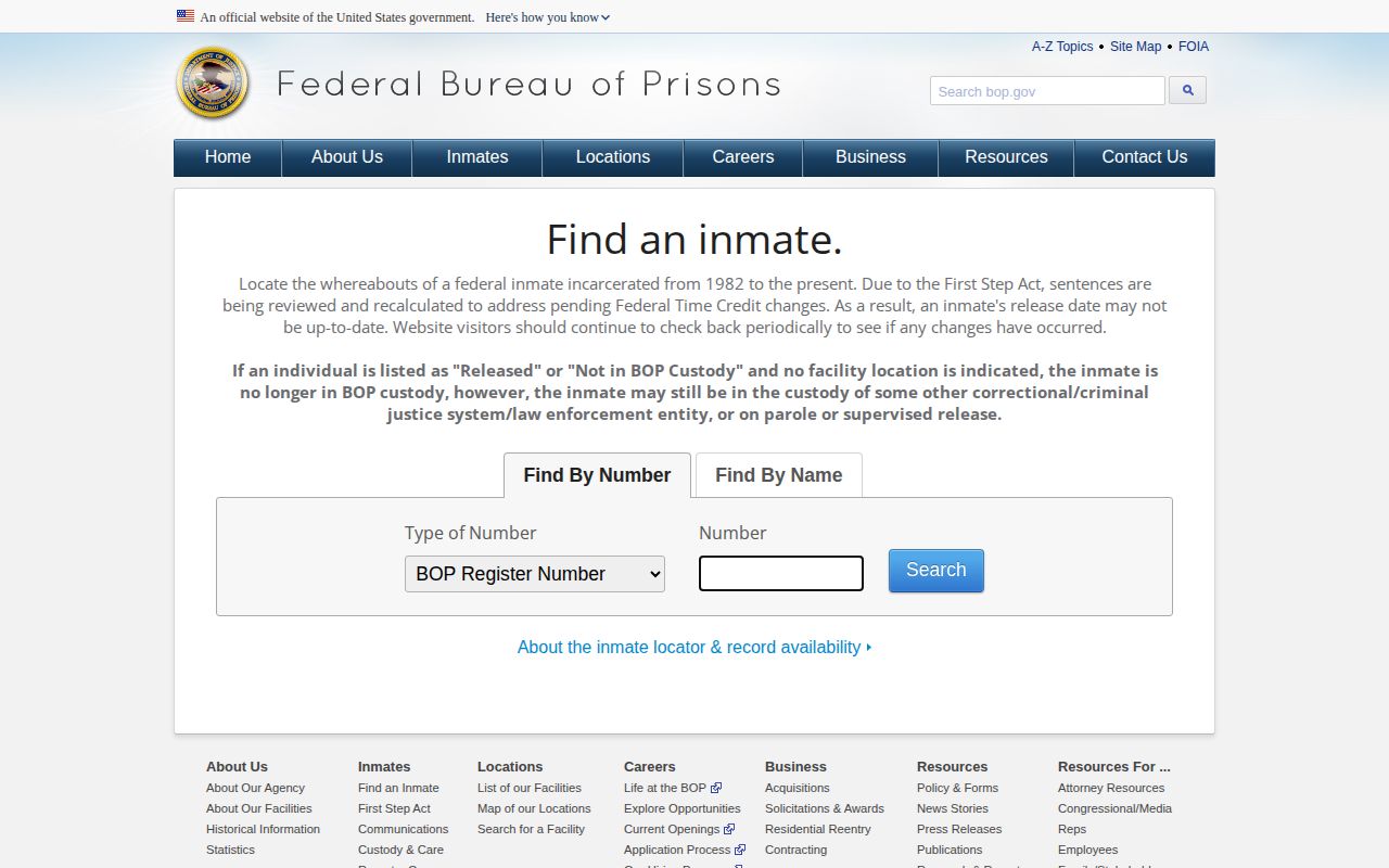 Federal Bureau of Prisons name and number locator for a Clay County federal release check