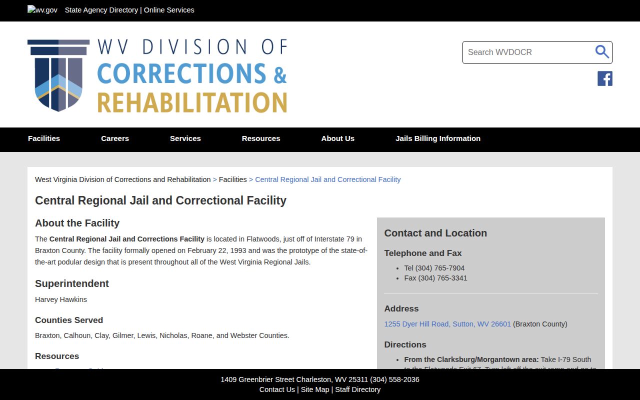Official WVDCR page for Central Regional Jail and Correctional Facility serving Clay County