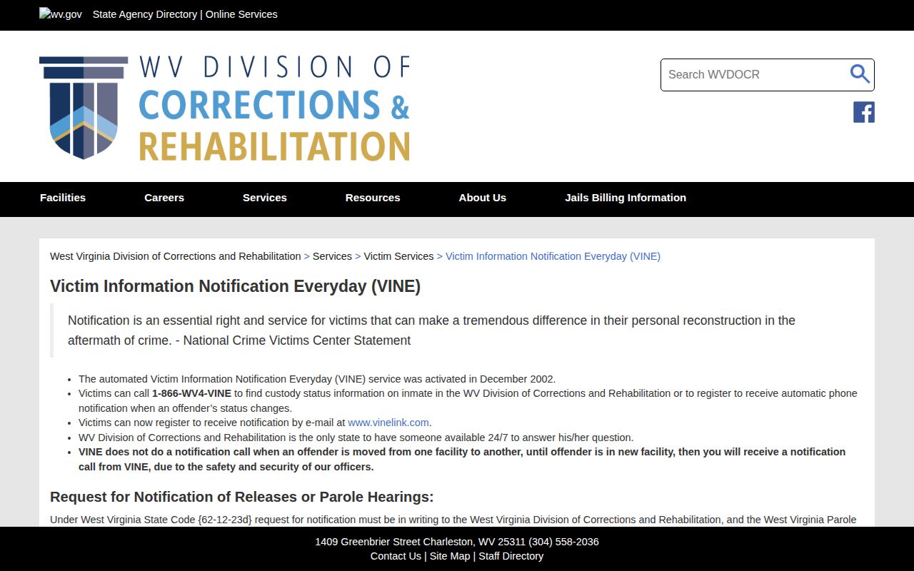 Official WVDCR VINE instructions for Clay County inmate release notifications