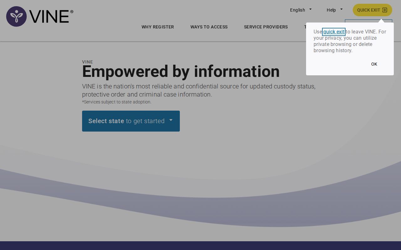 Clay County VINELink inmate check start screen for West Virginia release alerts